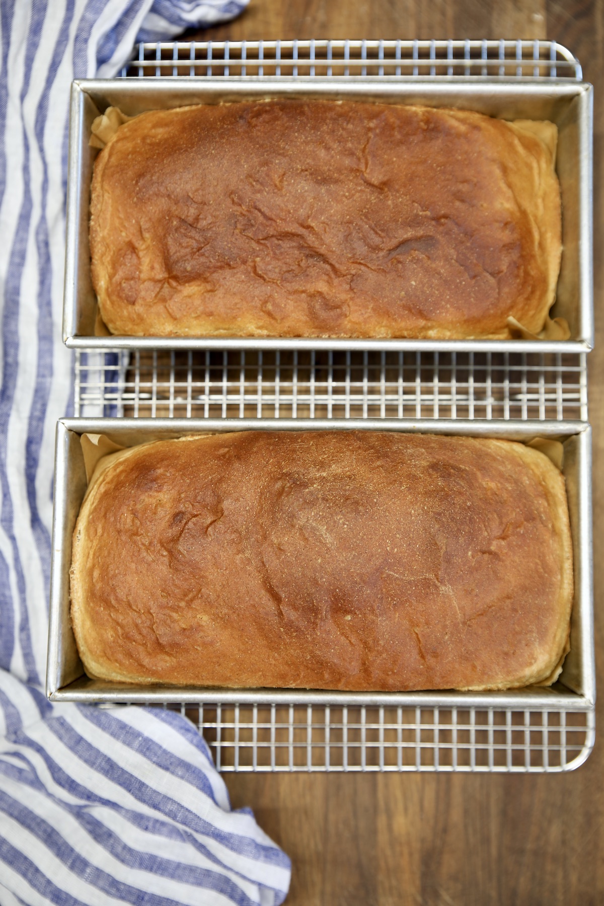 2 loaves wheat bread in bread pans. 