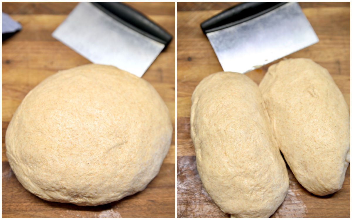 Collage dividing dough for 2 loaves of bread.