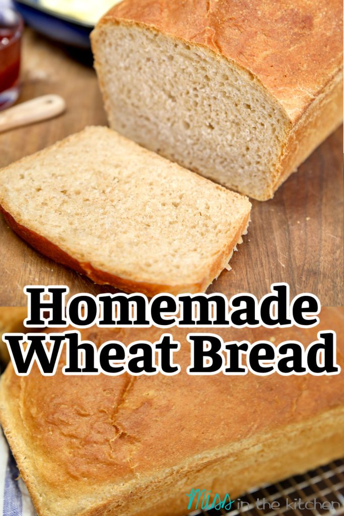 Collage of homemade wheat bread loaves, text overlay.