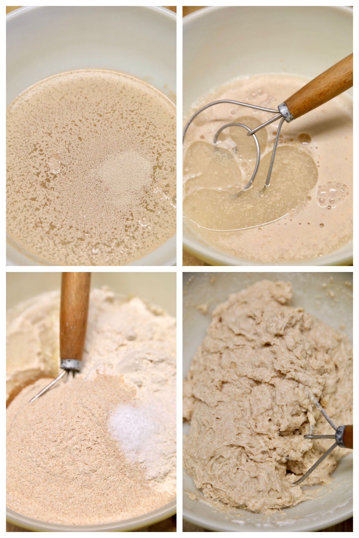Step by step collage making wheat bread dough.