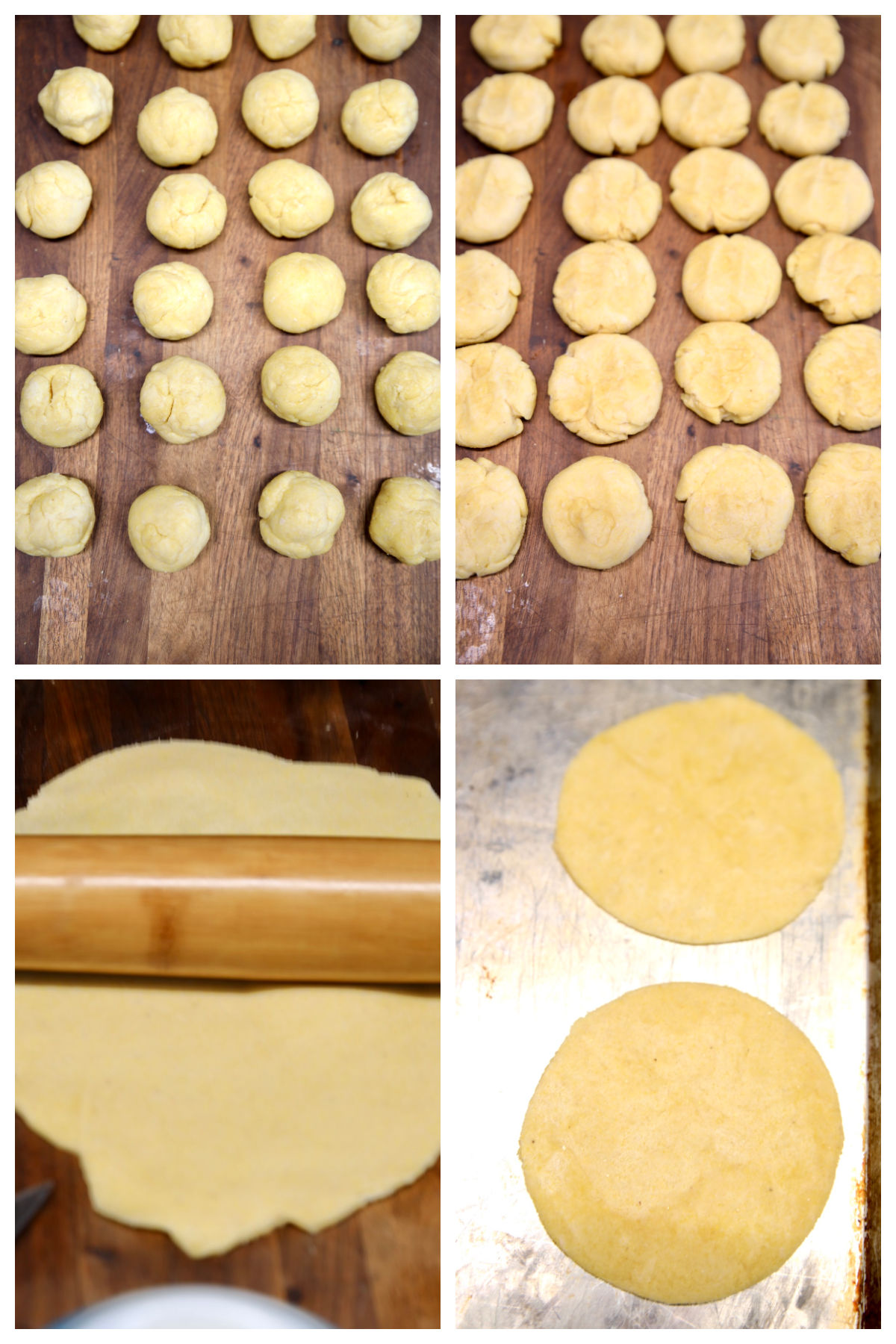 Collage of tortilla dough made into balls, rolled out.