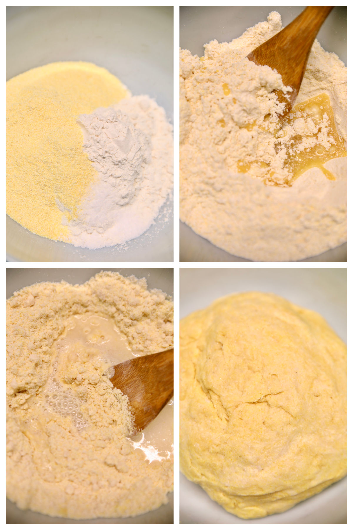 Collage mixing cornmeal tortilla dough.