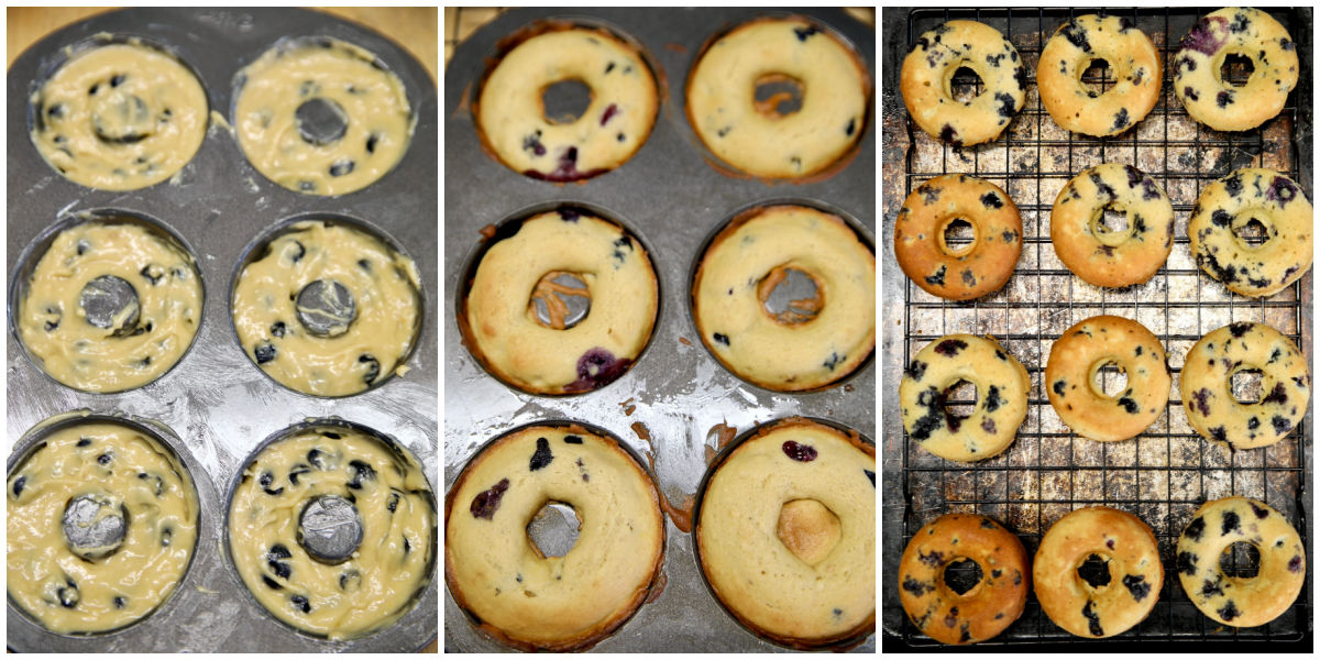 Collage making baked blueberry donuts.