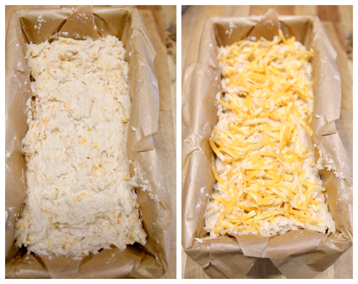 Collage beer bread batter in a pan, topped with cheese.