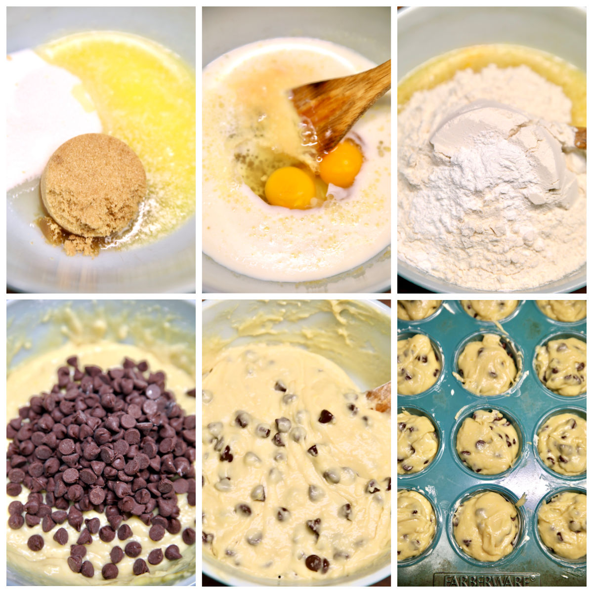 Collage making chocolate chip muffins.