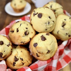 Basket of chocolate chip muffins.