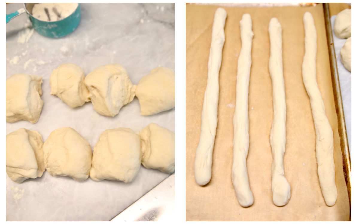 Dividing dough and shaping soft pretzels.