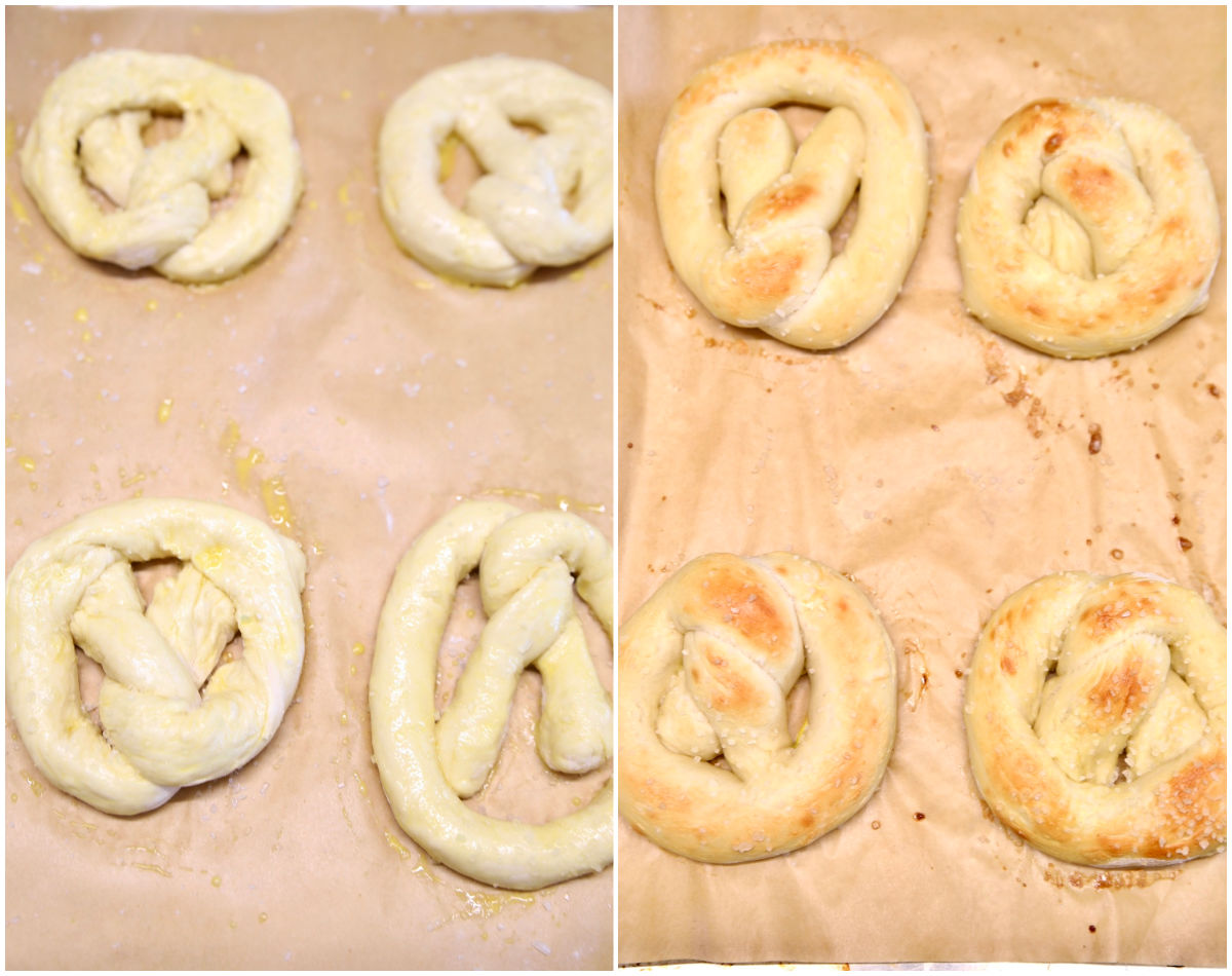 Collage: egg wash on soft pretzels/ baked.