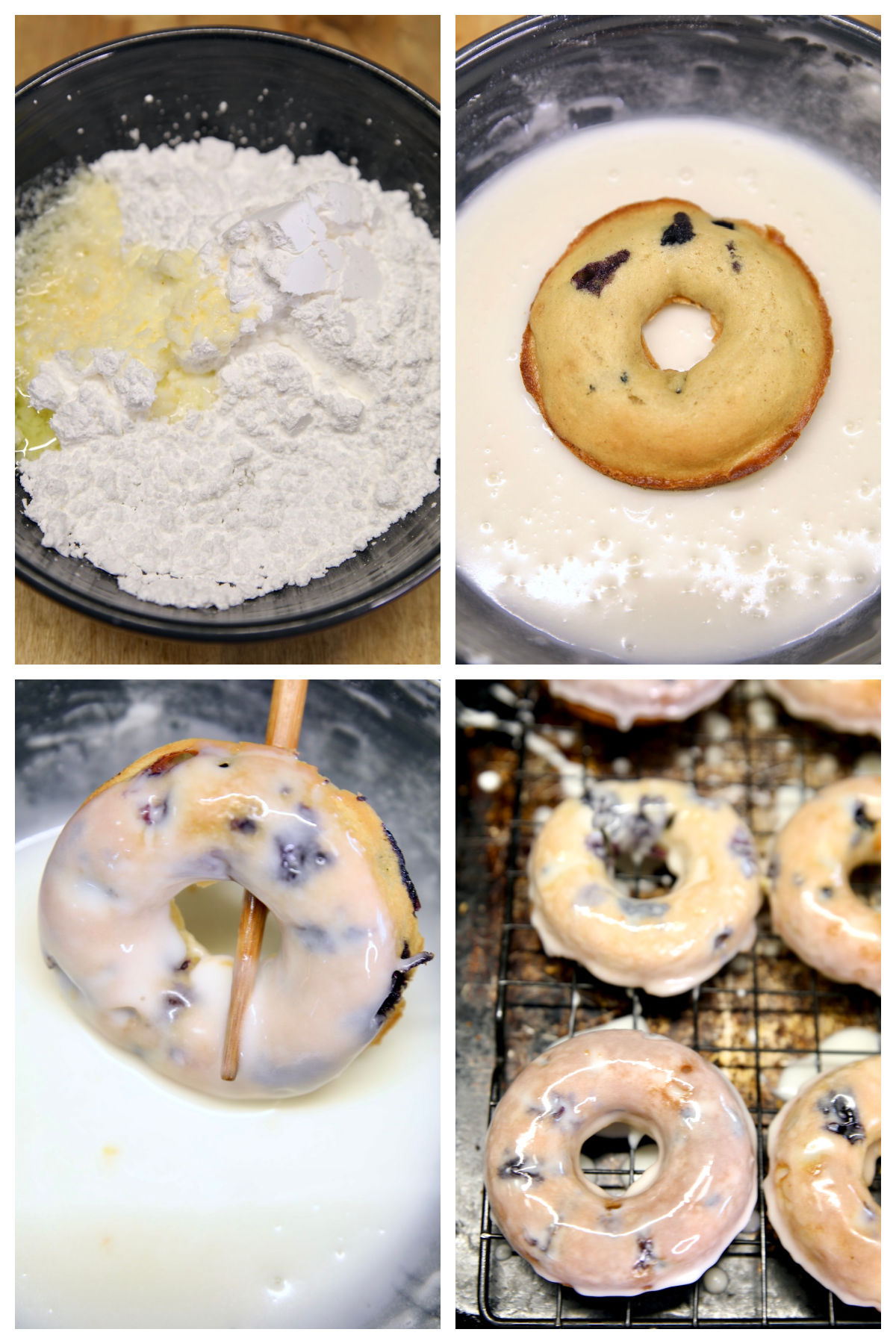 Collage dipping blueberry donuts in glaze.