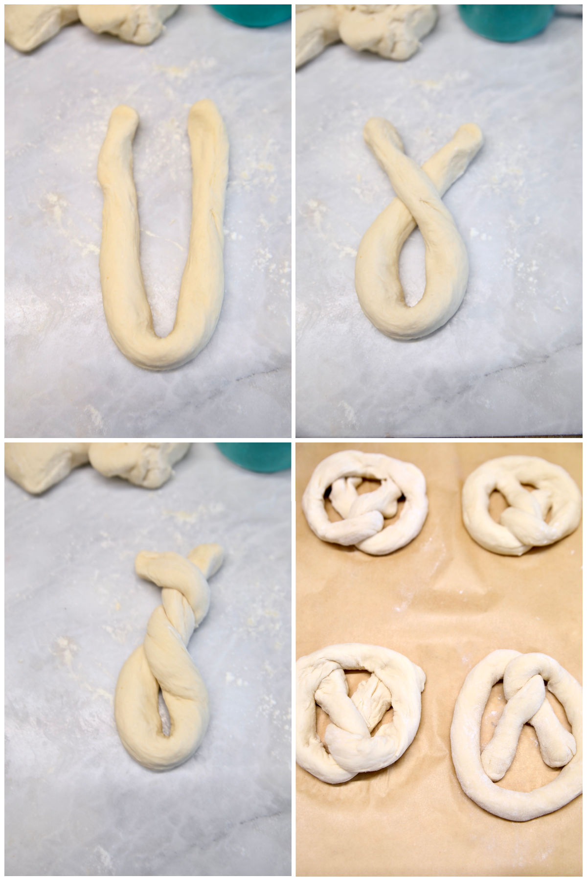 Collate shaping soft pretzels.