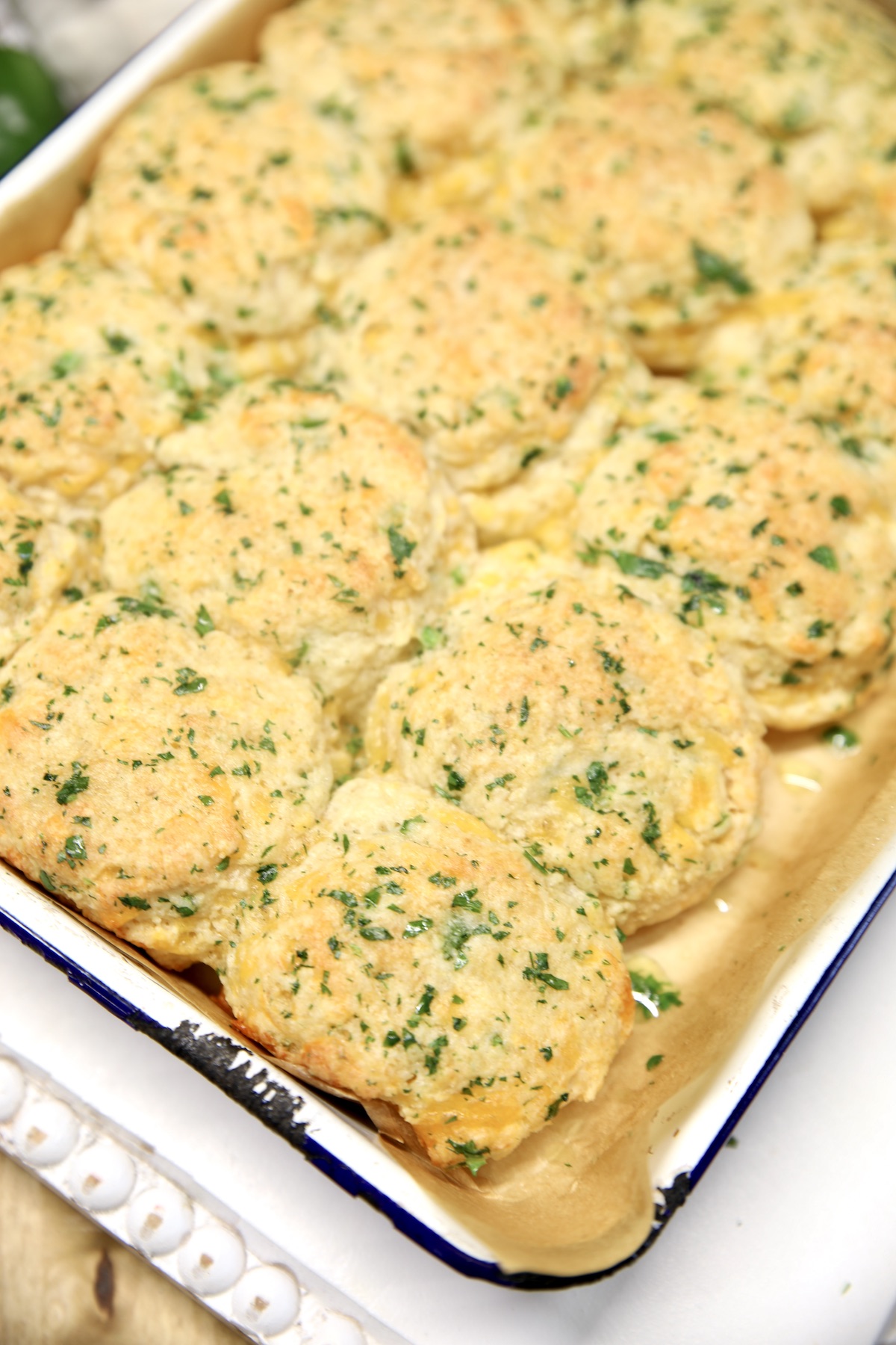 Pan of jalapeno cheddar biscuits.