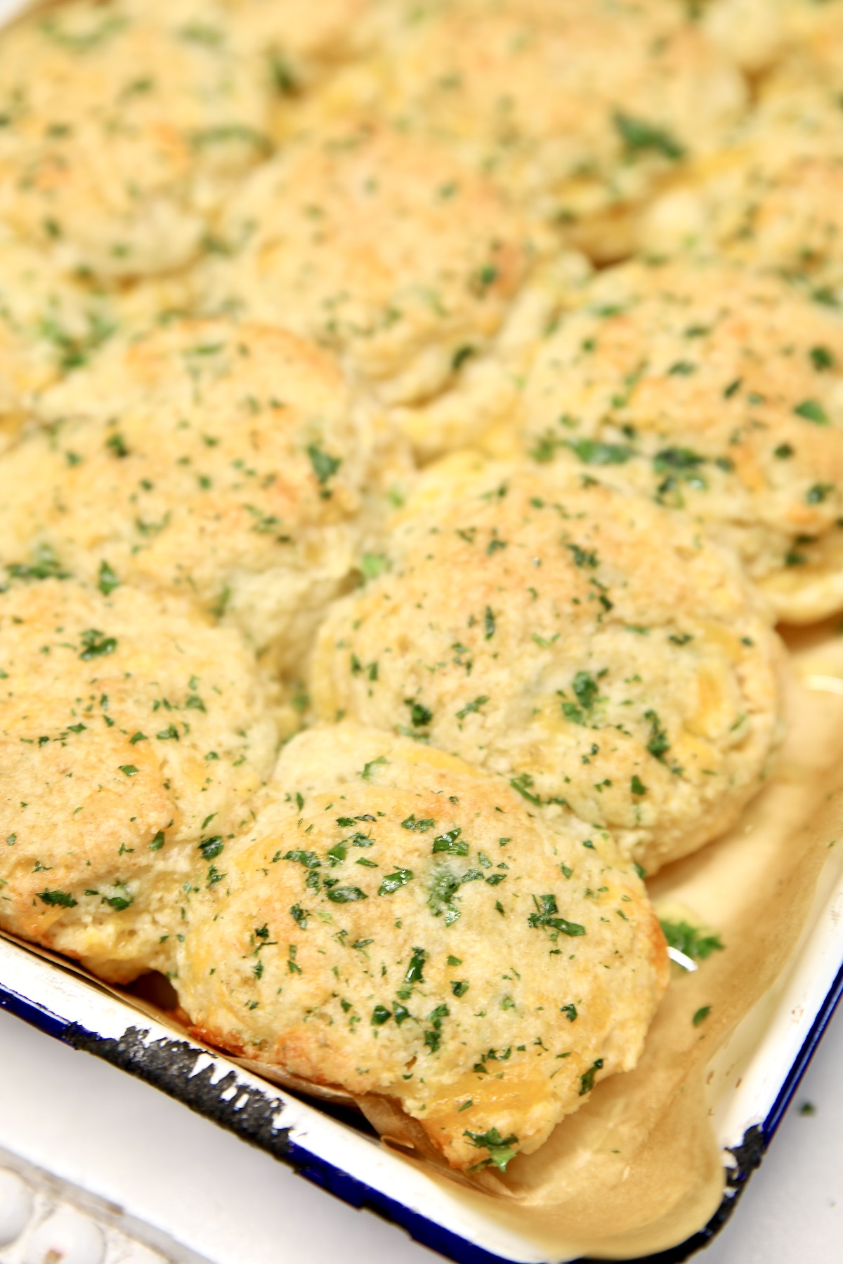 Jalapeno Cheddar Biscuits with cilantro butter in a pan.