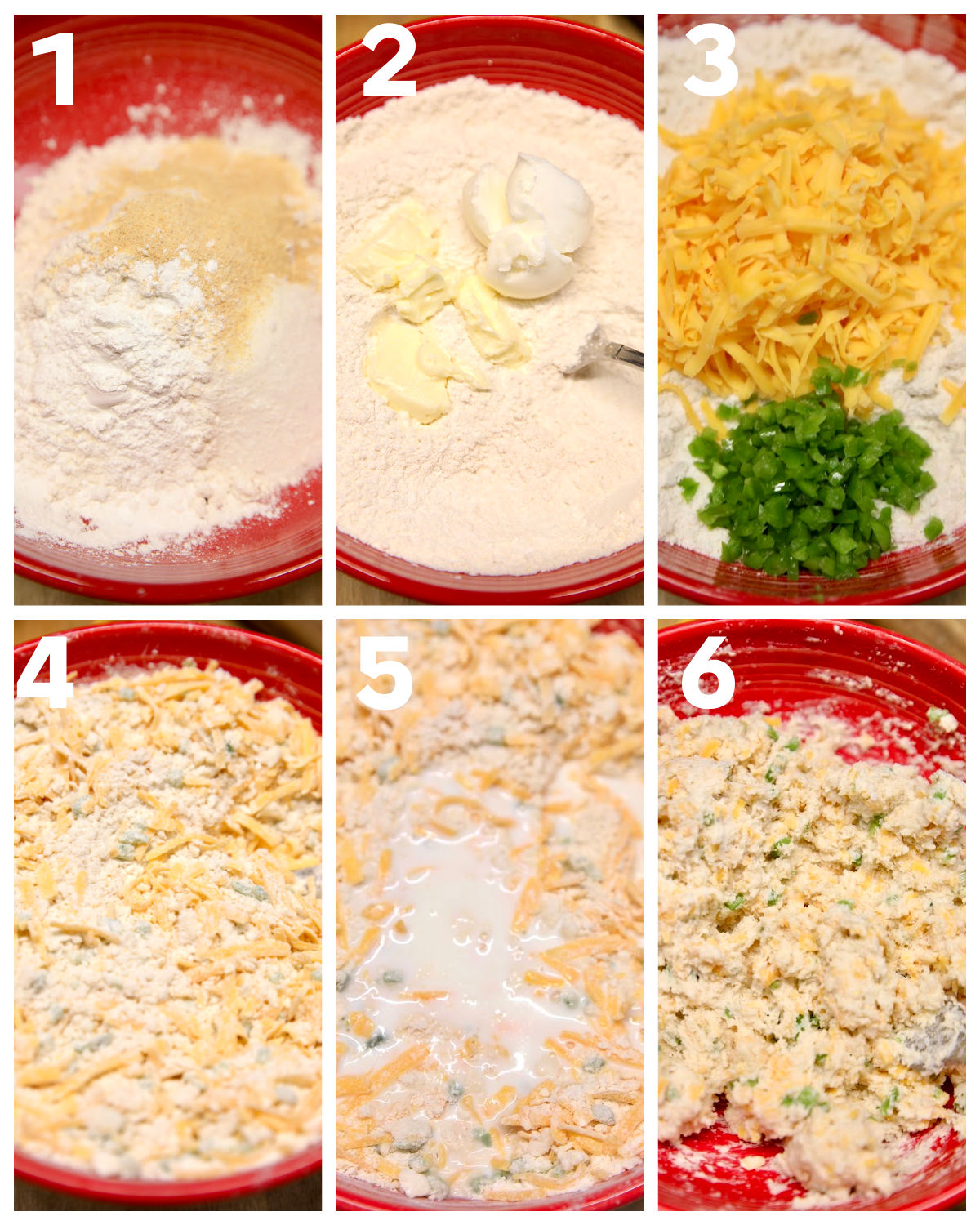 Step by step making jalapeno cheddar biscuit dough.