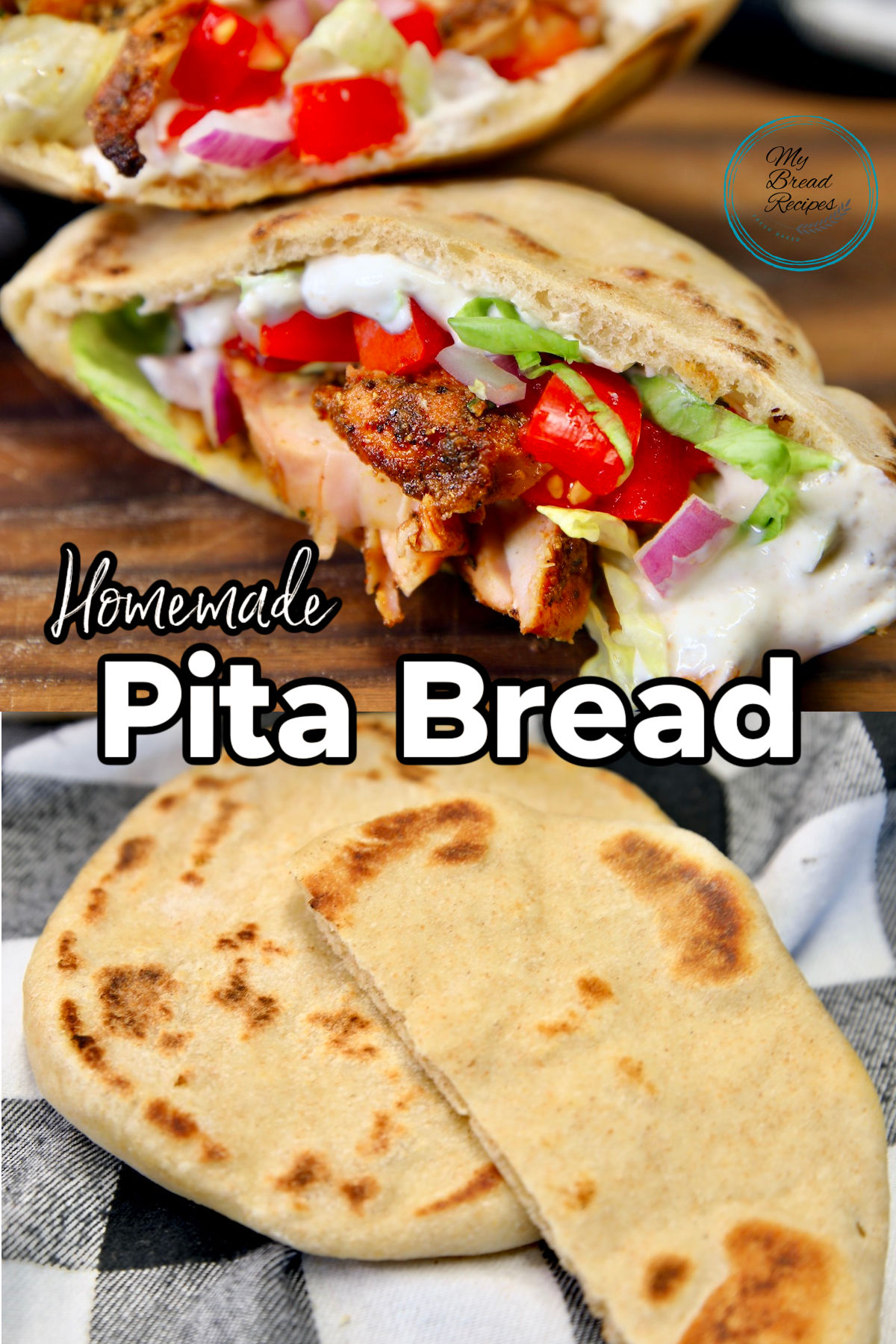 Pita bread sandwich/ stack of pita bread.Text overlay.