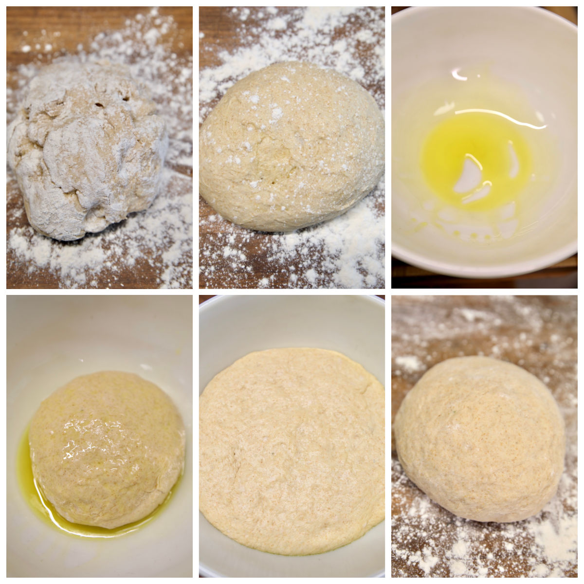 Collage kneading and rising pita bread.