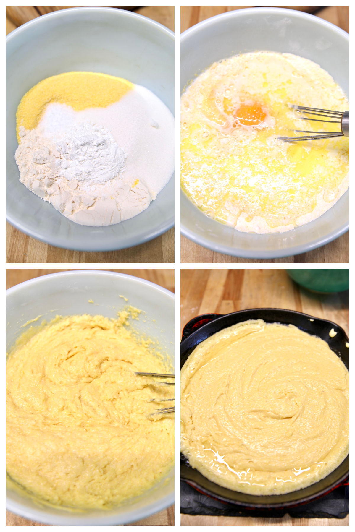 Collage mixing cornbread batter in a bowl, placing in skillet.