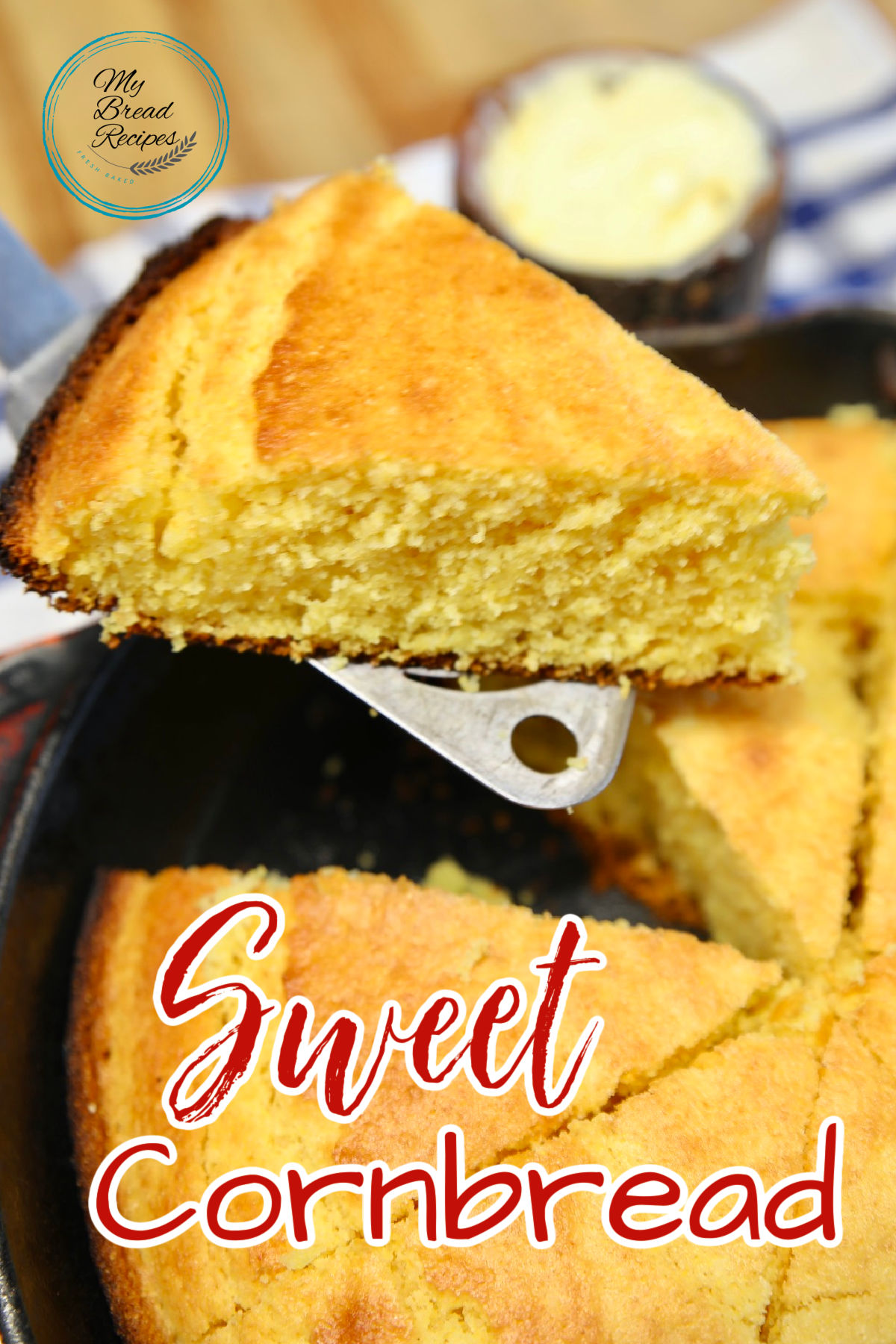 Serving a slice of cornbread - text overlay.