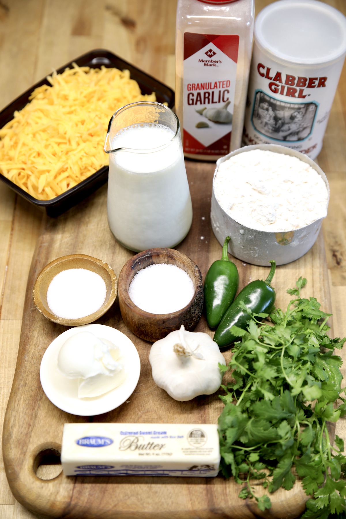 Ingredients for jalapeno cheddar biscuits.