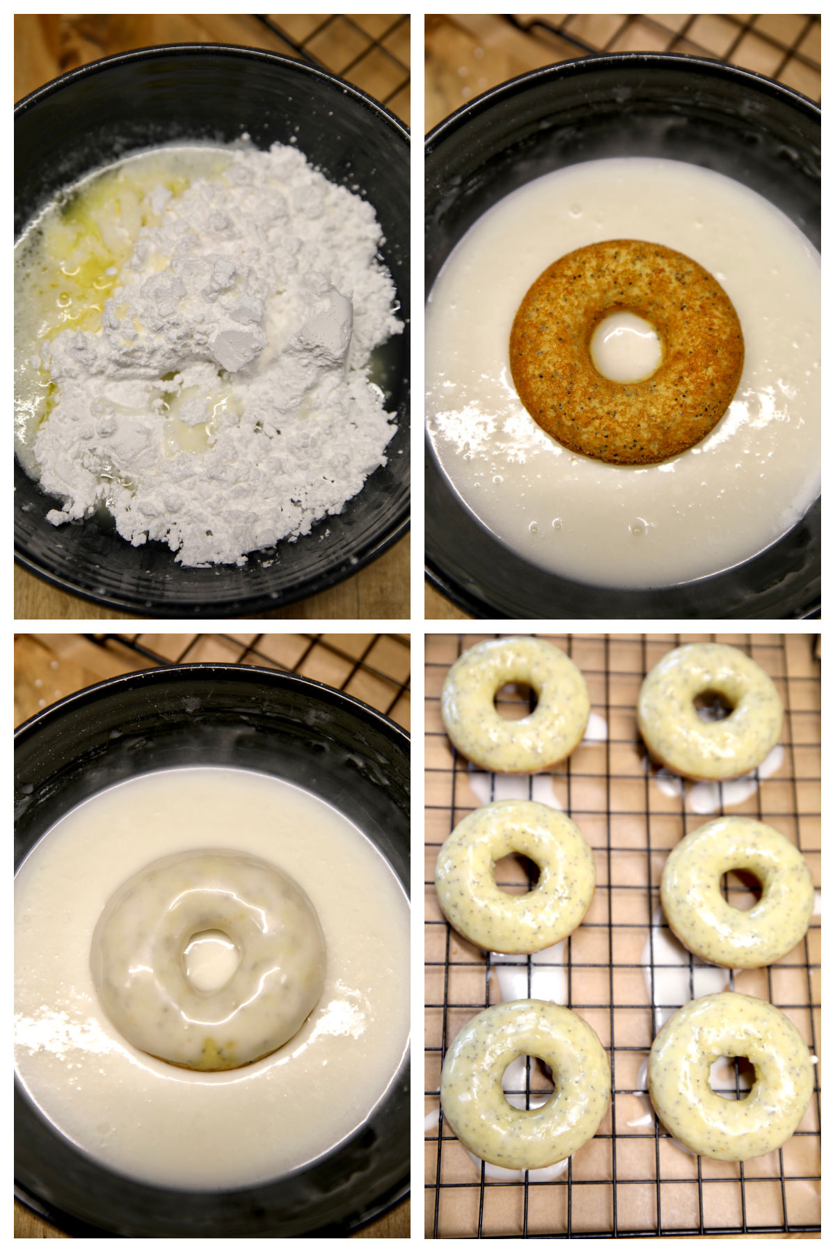 Collage: making lemon glaze for lemon donuts, glazing the donuts.
