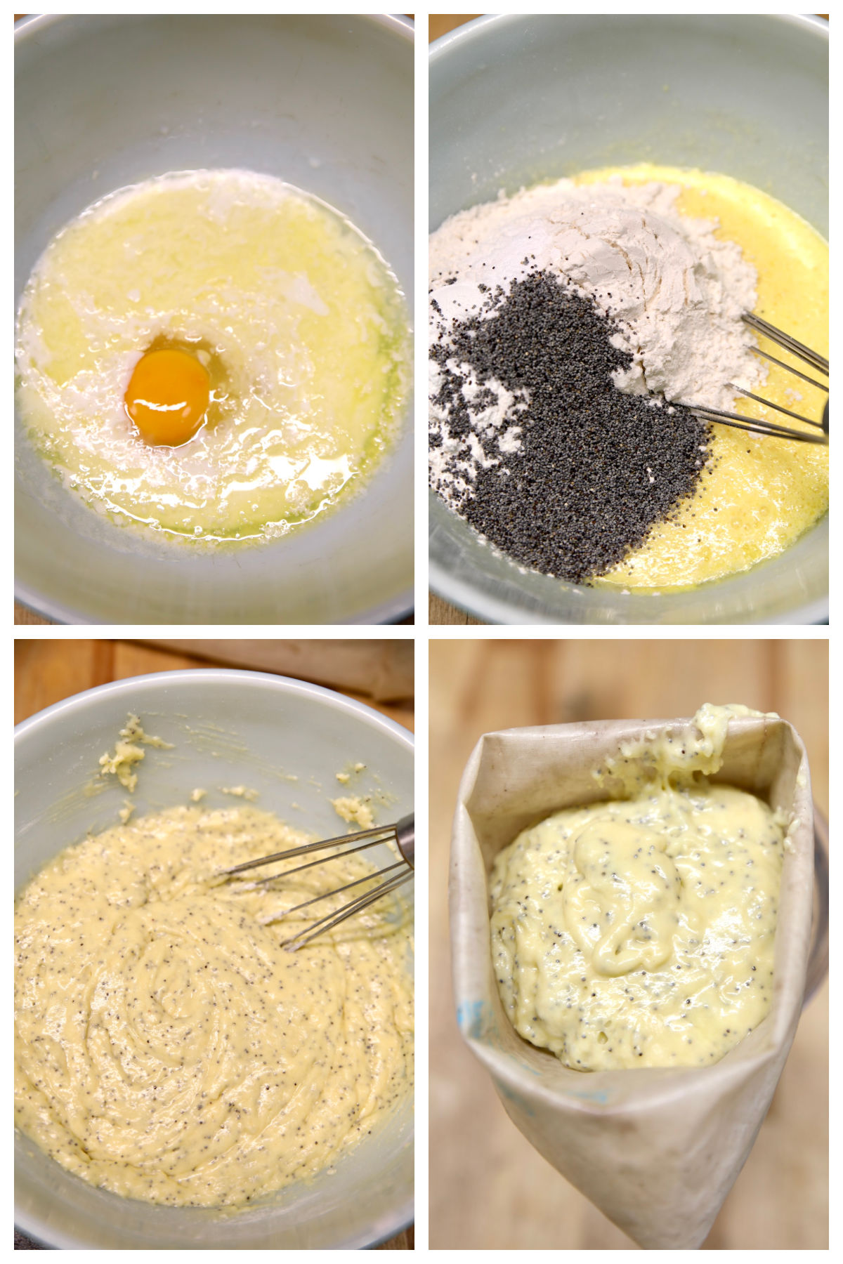 Collage: Mixing lemon poppy seed batter for donuts.