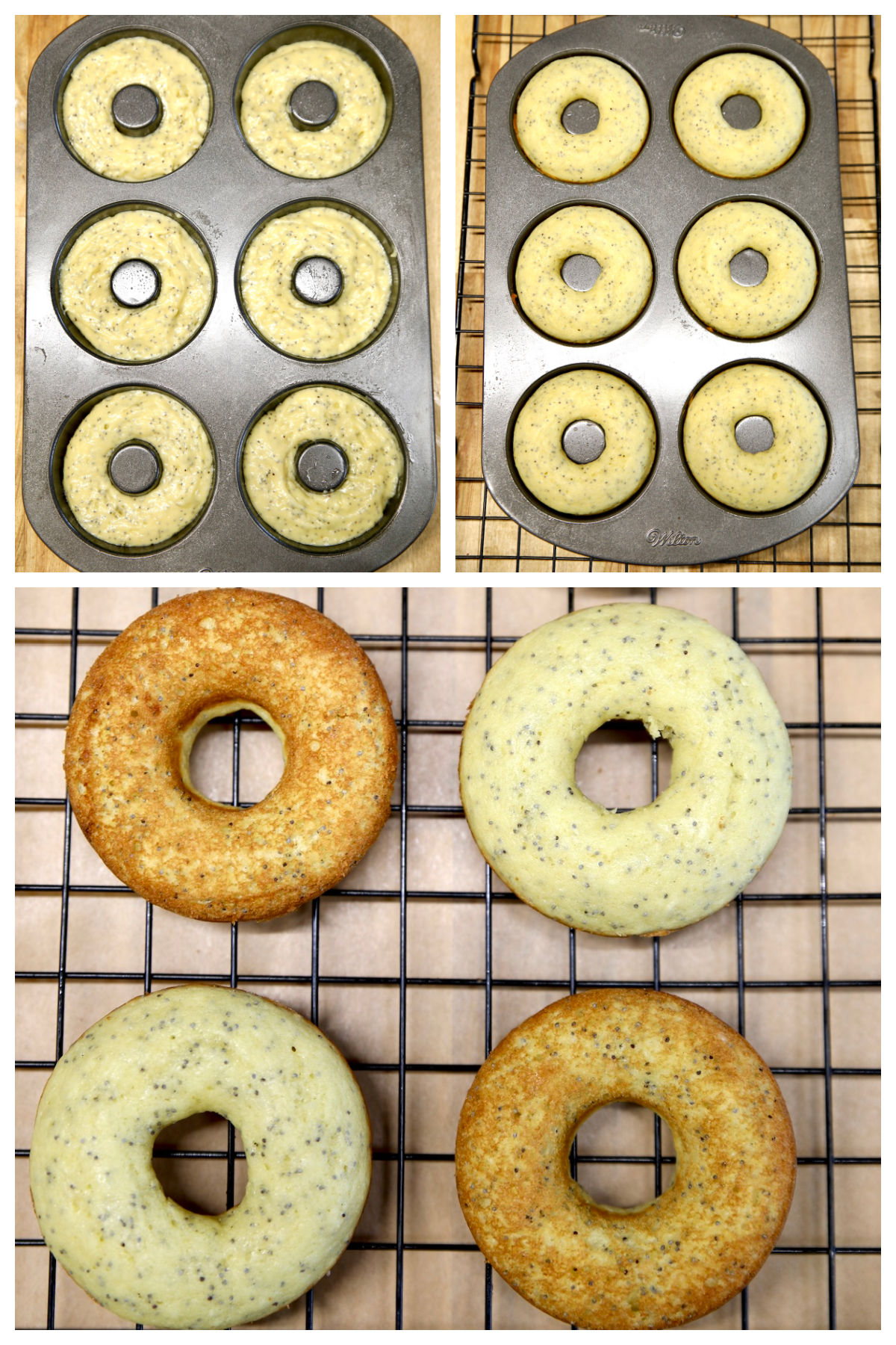 Collage: baking lemon poppy seed donuts, cooling on wire rack.