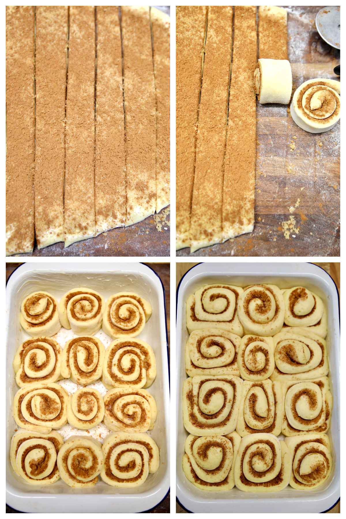 Cutting and rolling up cinnamon rolls, rising in pan.