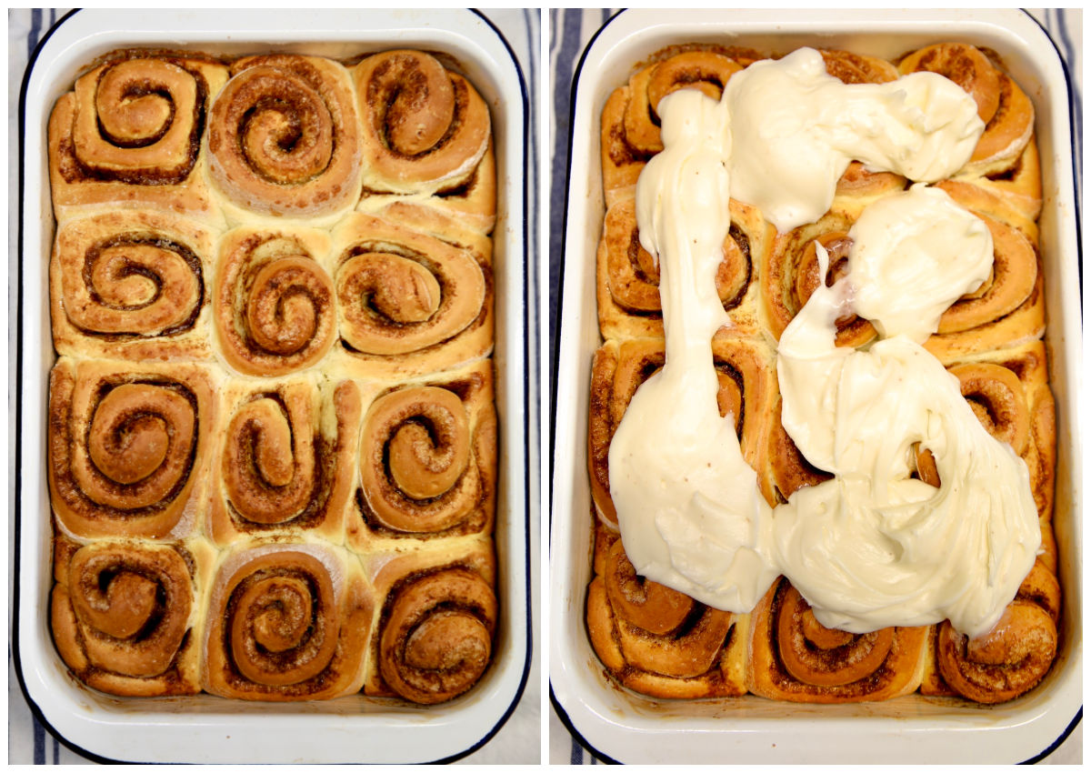 Collage: baked cinnamon rolls, topped with cream cheese icing.