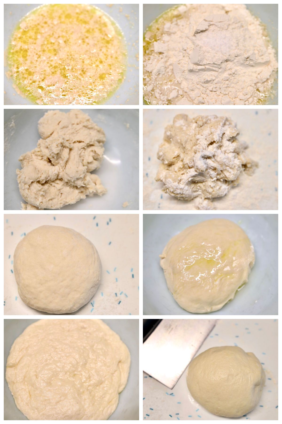 Collage making bread dough, kneading, rising.