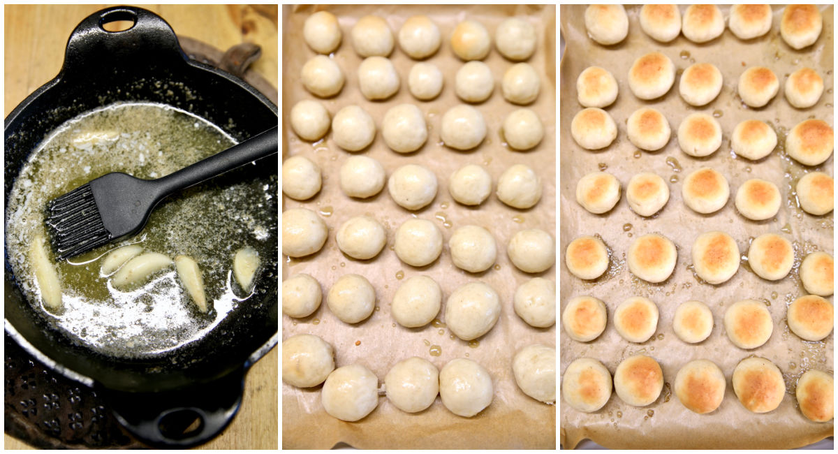 Collage: garlic butter, brushed over rolls, baked.