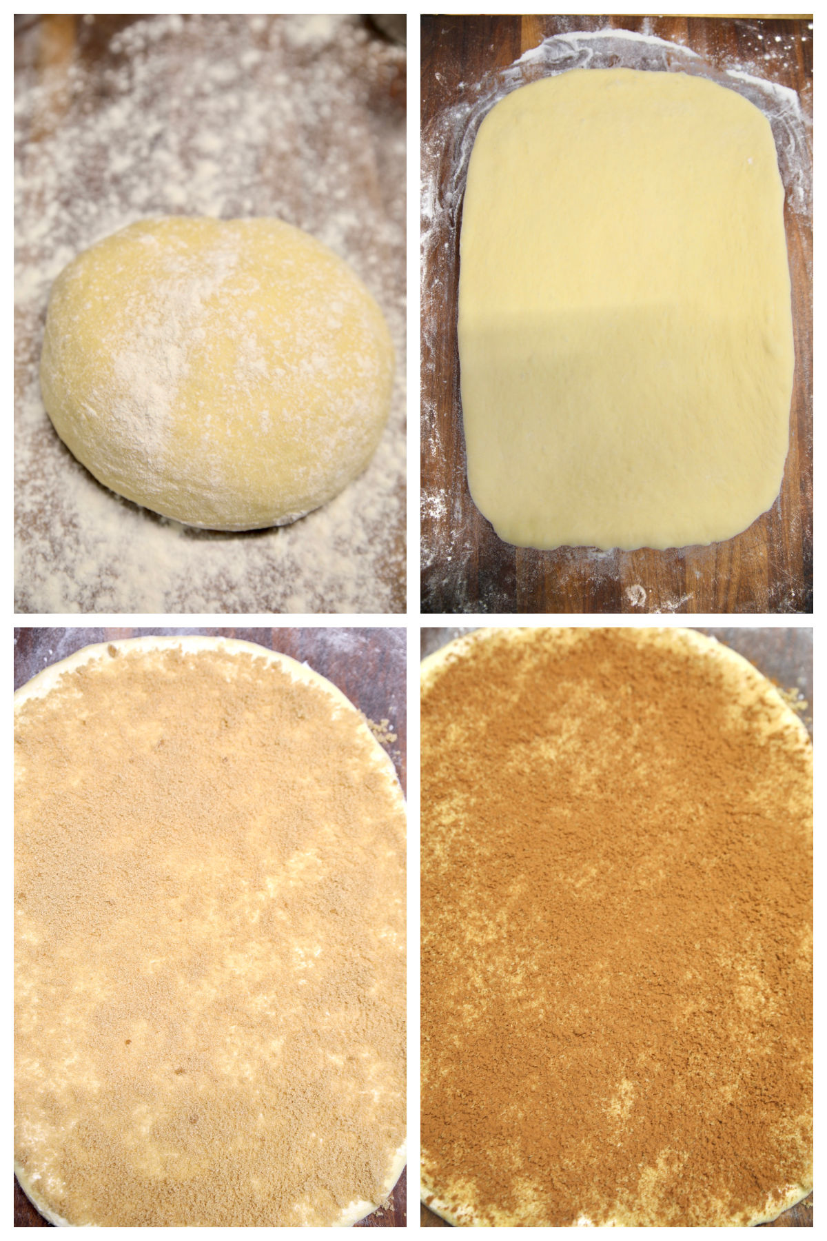 Collage rolling dough into a rectangle, adding cinnamon and brown sugar.
