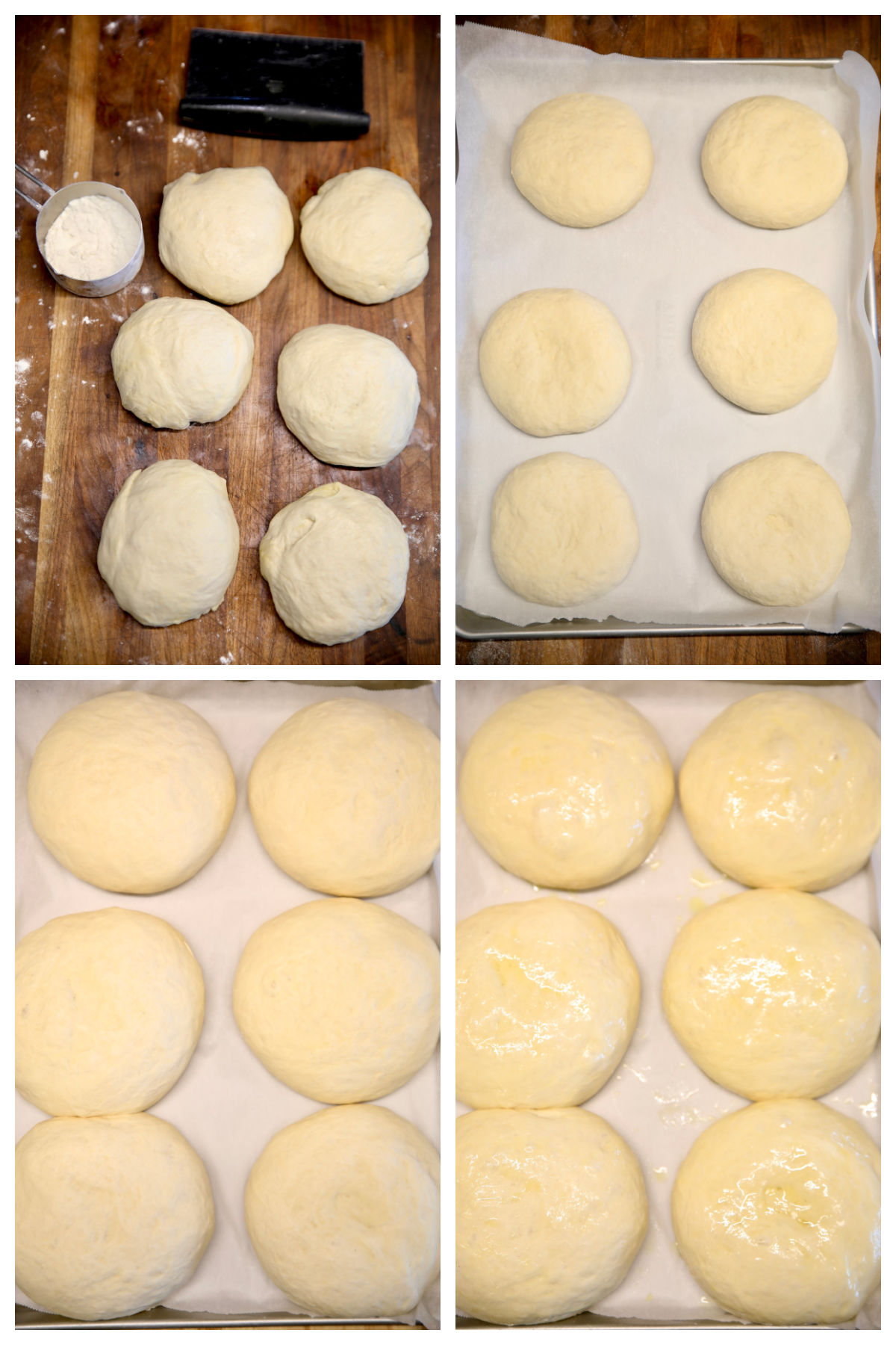 Shaping bread bowl dough, rising on a baking sheet.