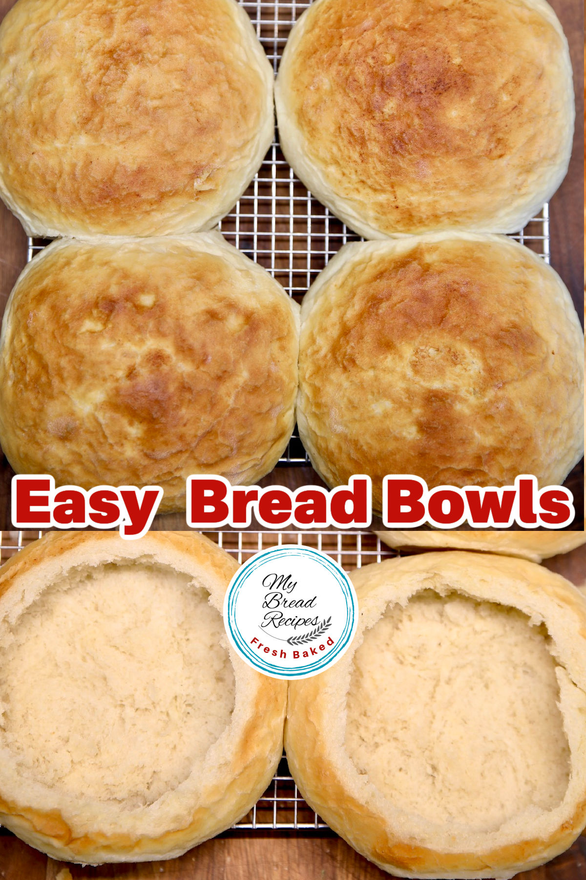 Easy Bread Bowls on a wire rack- with center hollowed out for soup.