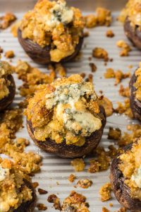 Stuffed mushrooms with homemade breadcrumbs, onions, and blue cheese.
