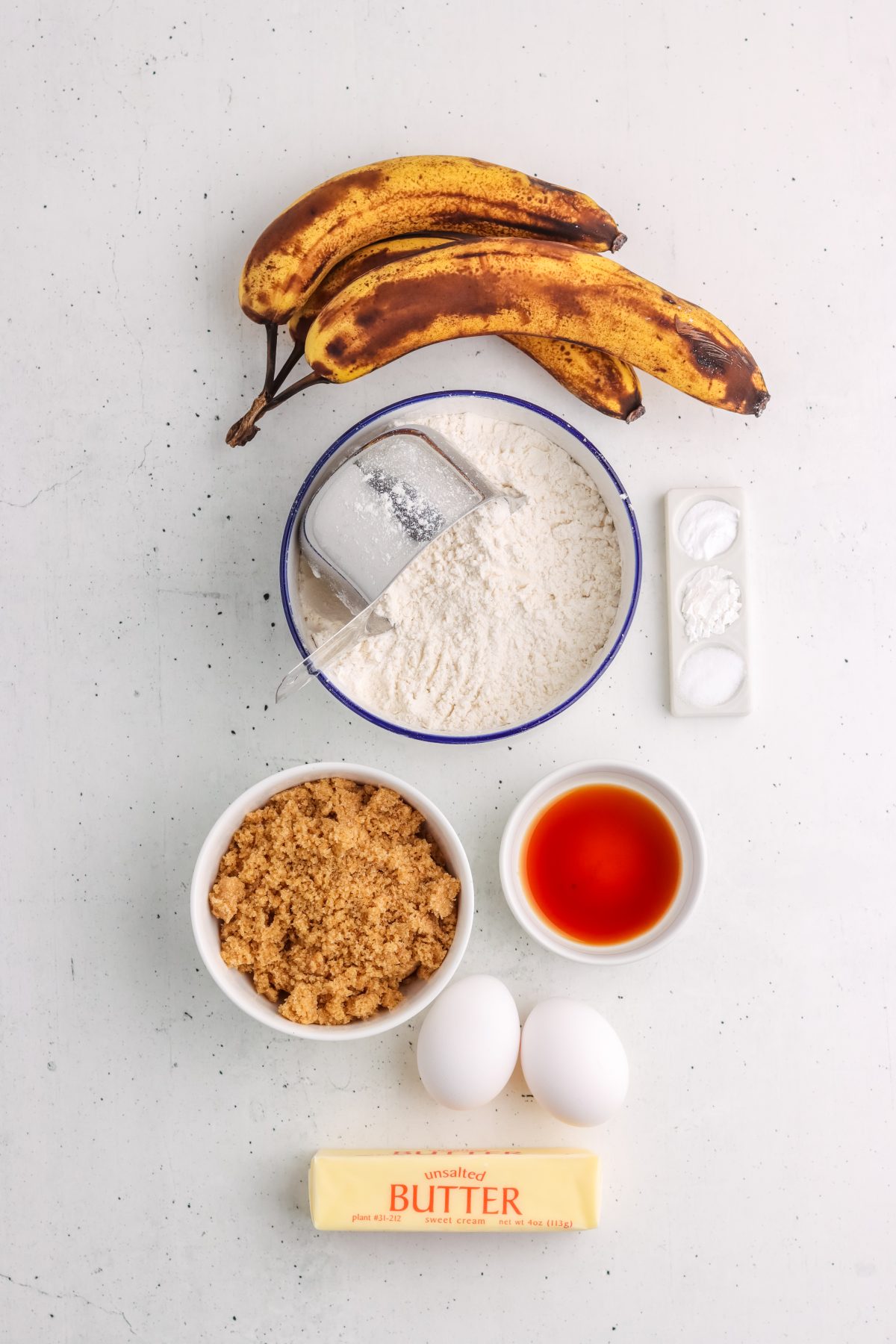 Banana, flour, butter, vanilla, baking soda, and eggs