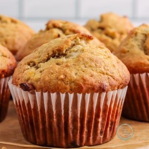 Banana bread muffins on a wood plate
