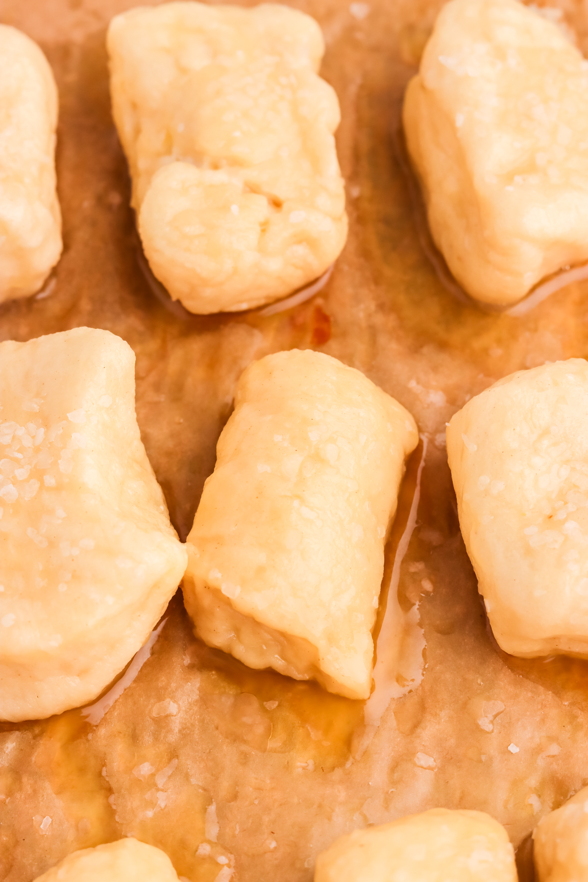 Boiled pretzel dough. Boiled pretzel dough chunks.